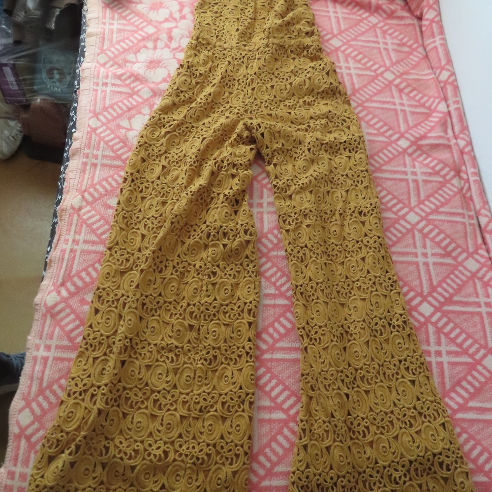 Miguelina Women Dark Yellow Delphine Halter Crochet Jumpsuit - Size M